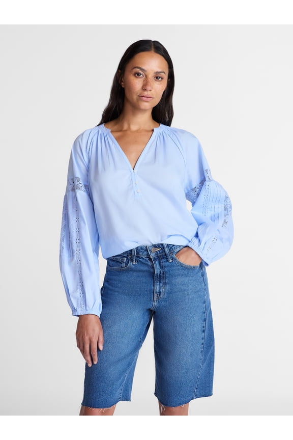 Women's Lace Insert Popover Full Sleeve Top, Sizes XS - XXXL