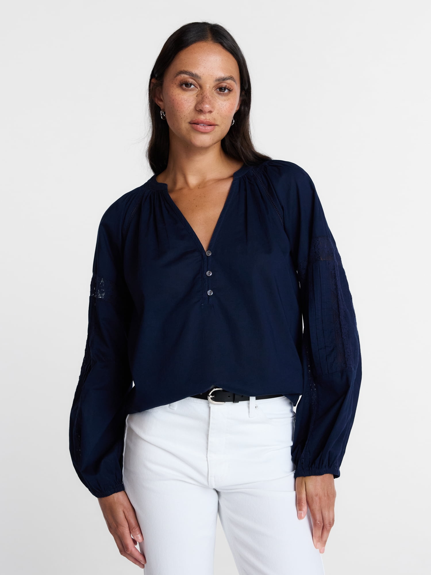 Time and True Women's Lace Trim Cotton Top with Bishop Sleeves, Sizes XS-XXL
