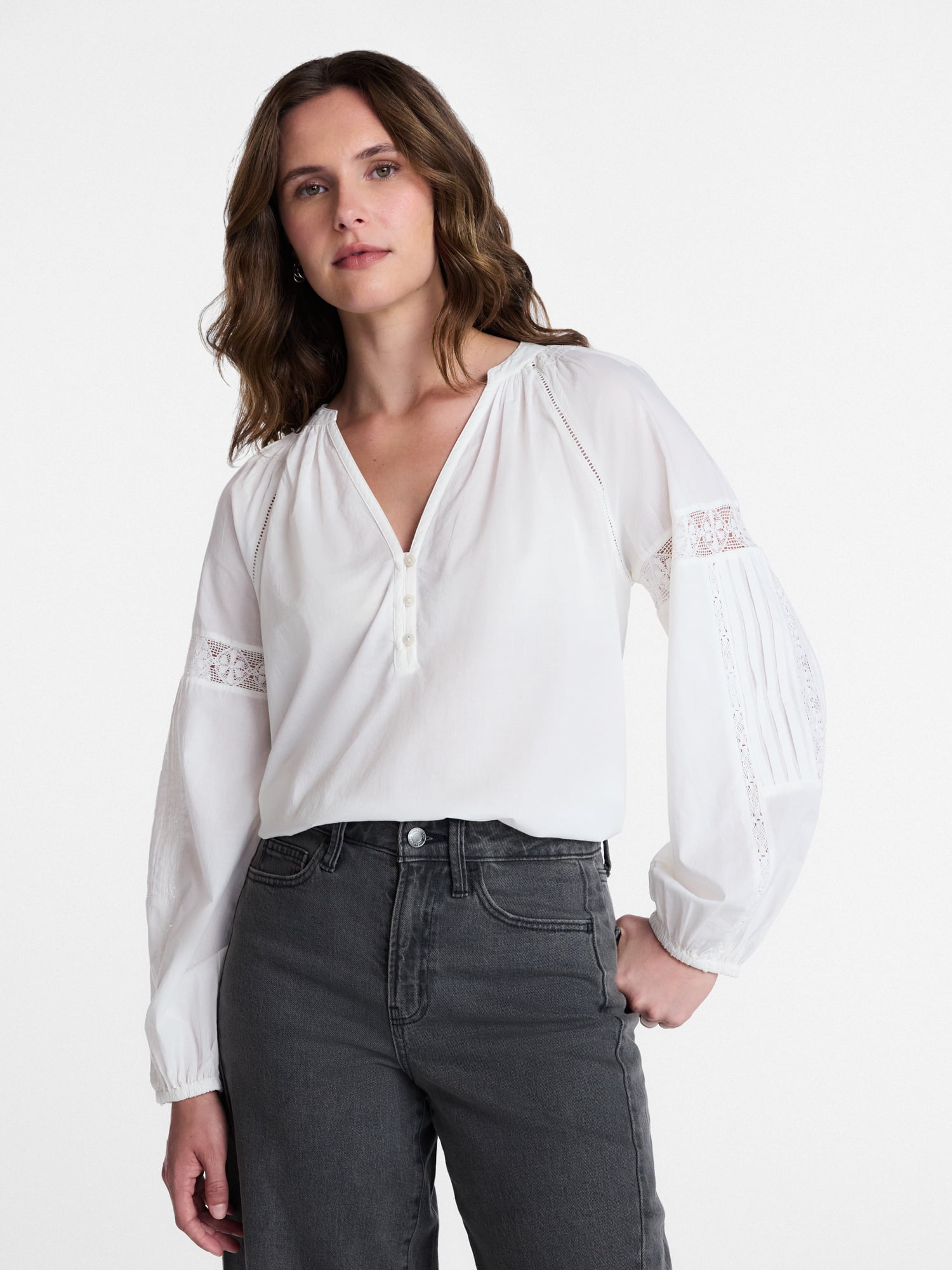 Time and Tru Women's Lace Insert Popover Full Sleeve Top, Sizes XS