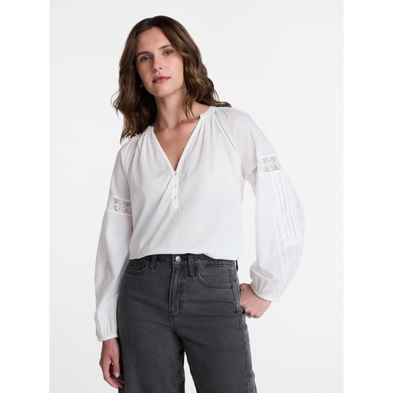 Time and Tru Women's Lace Insert Popover Full Sleeve Top, Sizes XS - XXXL