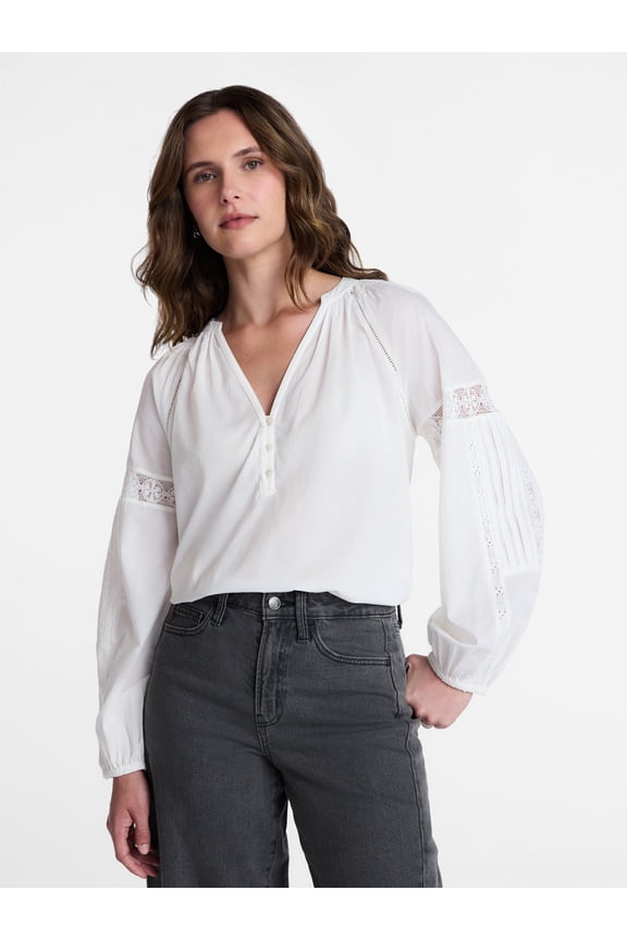Women's Lace Insert Popover Full Sleeve Top, Sizes XS - XXXL