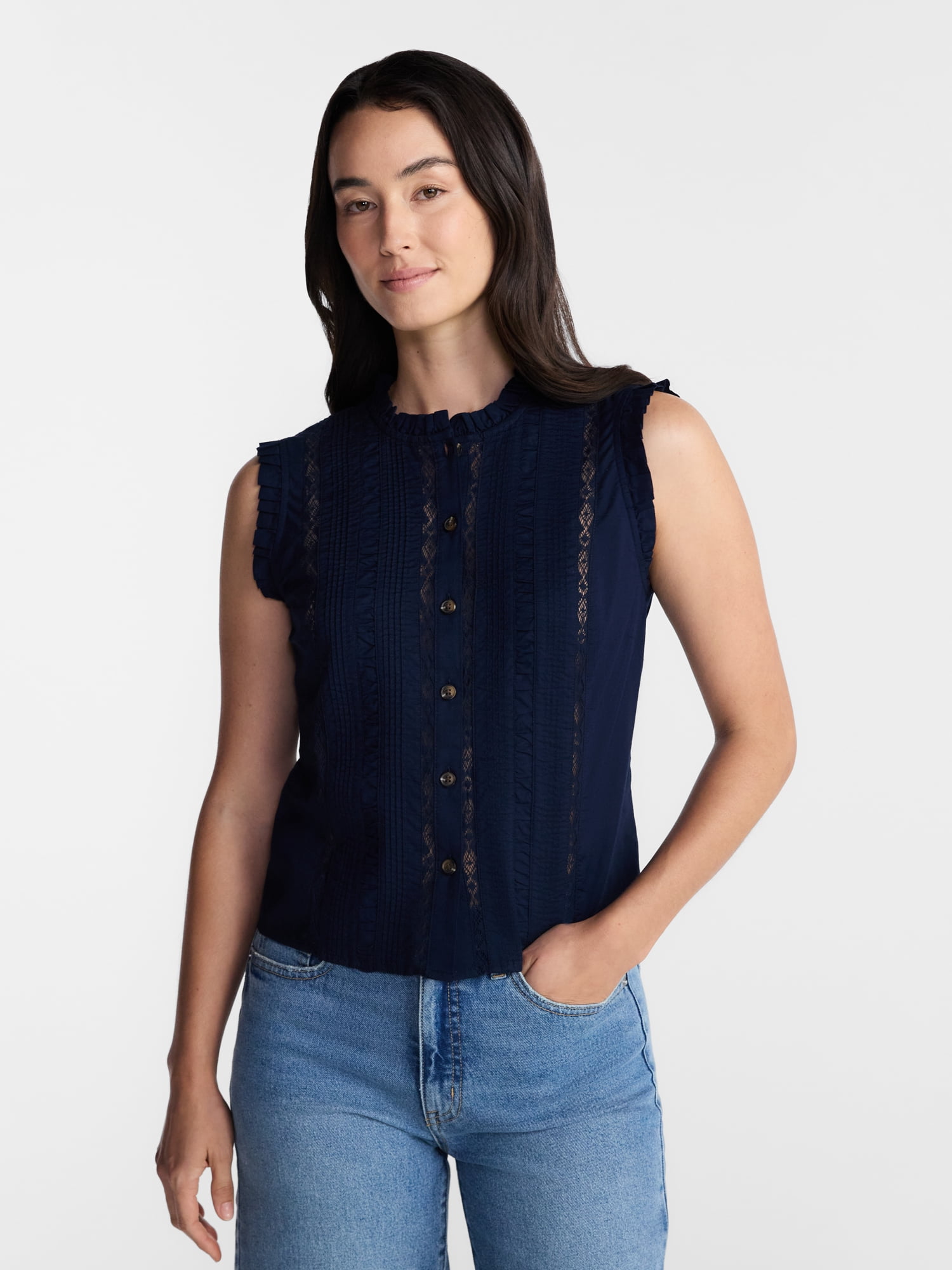 Time and Tru Women's Lace Inset Sleeveless Cotton Top, Sizes XS-XXXL