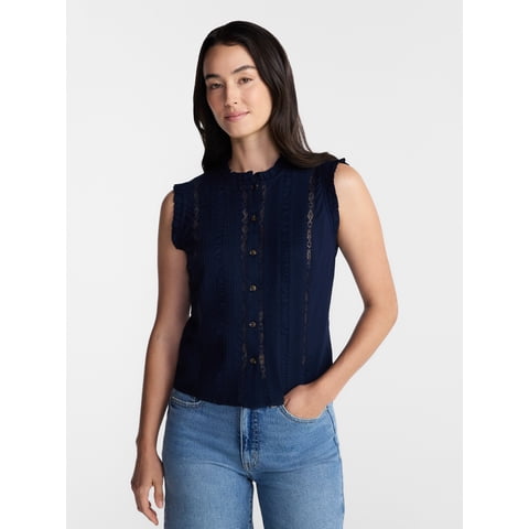 Women's Lace Inset Sleeveless Cotton Top, Sizes XS-XXXL