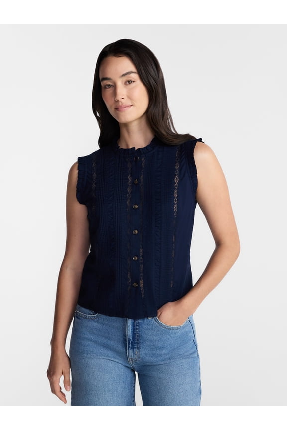 Women's Lace Inset Sleeveless Cotton Top, Sizes XS-XXXL