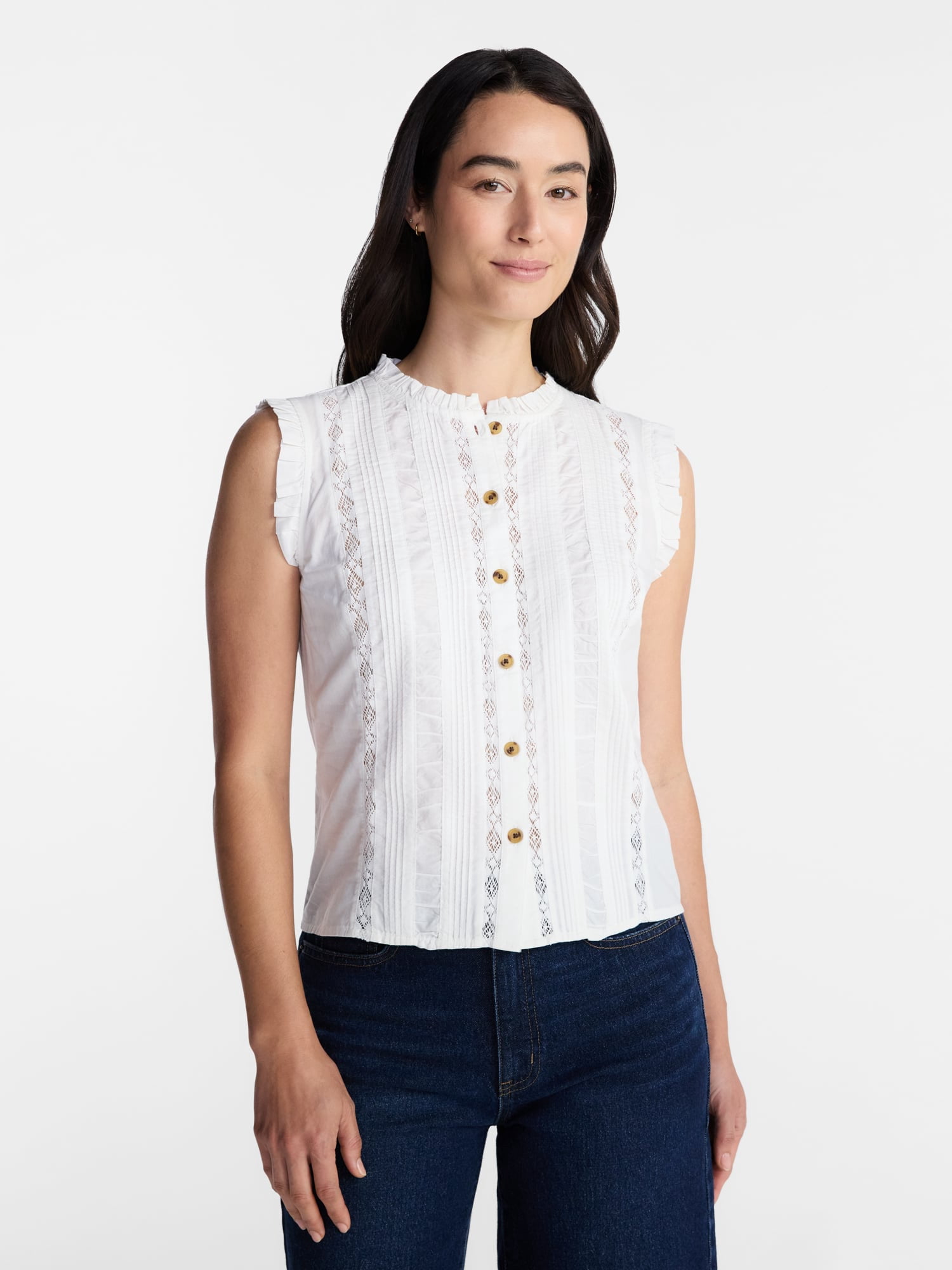 Time and Tru Women's Lace Inset Sleeveless Cotton Top, Sizes XS-XXXL
