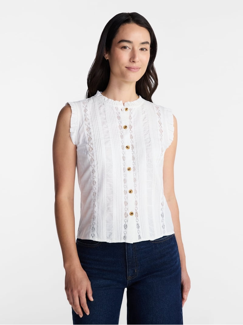 Time and Tru Women's Lace Inset Sleeveless Cotton Top, Sizes XS