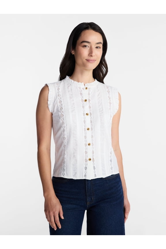 Women's Lace Inset Sleeveless Cotton Top, Sizes XS-XXXL