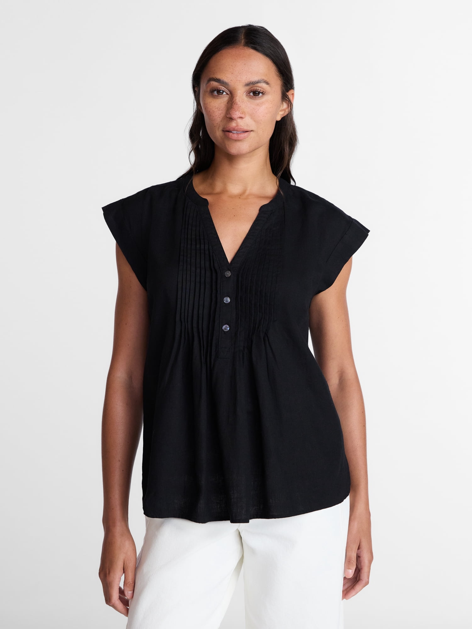 Time and Tru Women's Linen Blend Pintuck Top with Short Sleeves, Size XS-XXXL