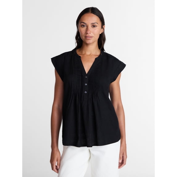 Time and Tru Women's Linen Blend Pintuck Top with Short Sleeves, Size XS-XXXL
