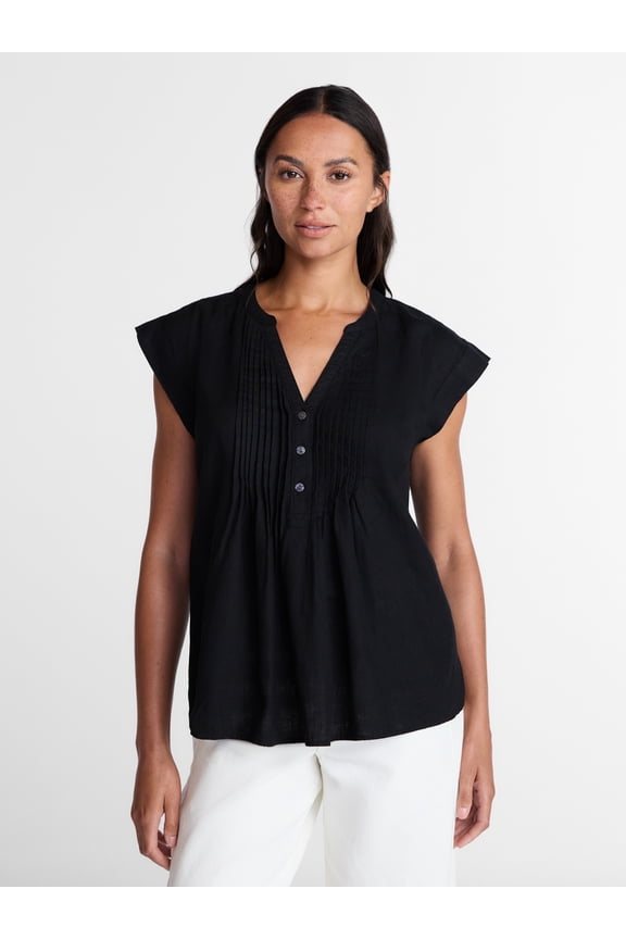 Women's Linen Blend Pintuck Top with Short Sleeves, Size XS-XXXL
