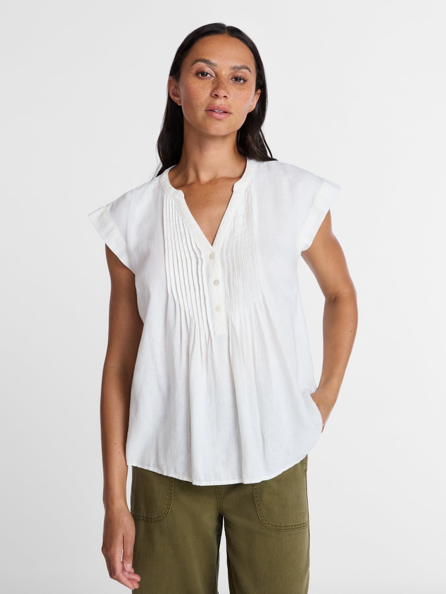Time and Tru Women's Linen Pintuck Top, Sizes XS-XXXL