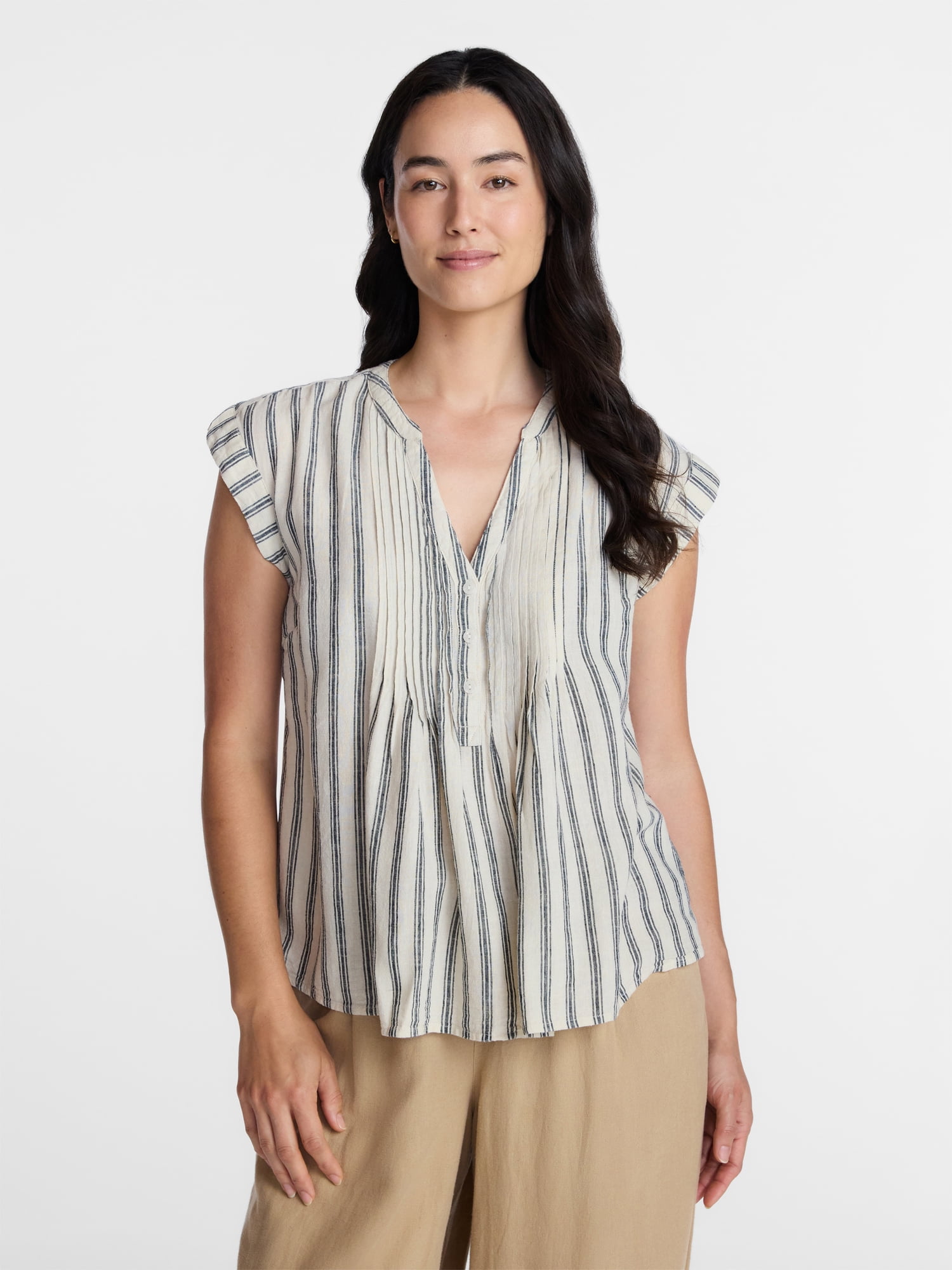 Time and Tru Women's Linen Blend Pintuck Top with Short Sleeves, Size XS-XXXL