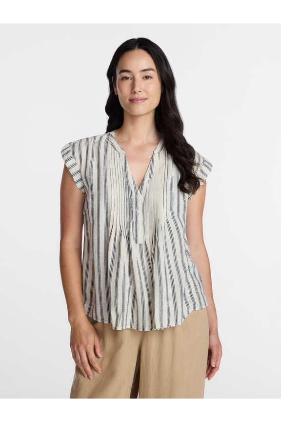 Women's Linen Blend Pintuck Top with Short Sleeves, Size XS-XXXL