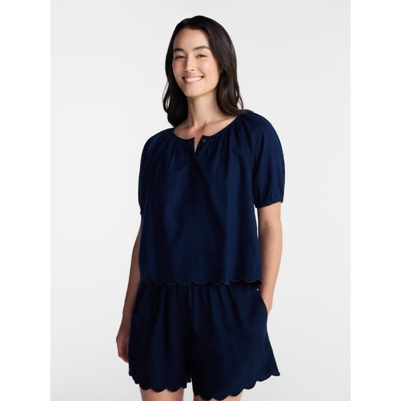 Time and Tru Women's Linen Blend Blouse with Scalloped Hem, Sizes XS-XXXL