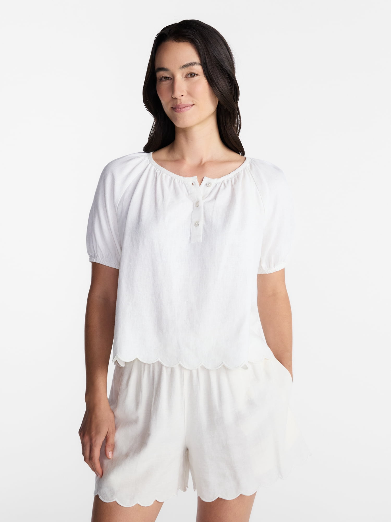 Time and Tru Women's Linen Blend Blouse with Scalloped Hem, Sizes XS-XXXL
