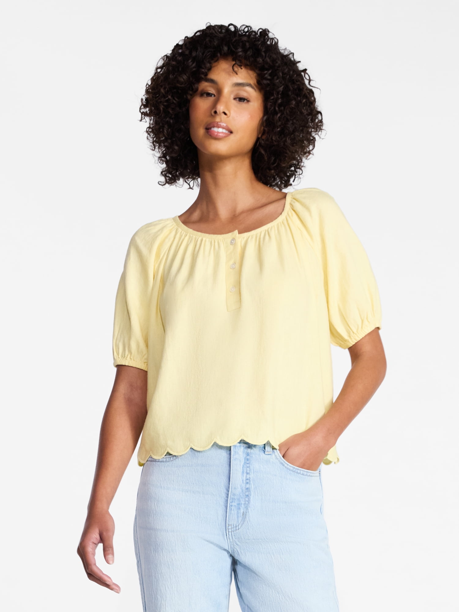 Time and Tru Women's Linen Blend Blouse with Scalloped Hem, Sizes XS-XXXL