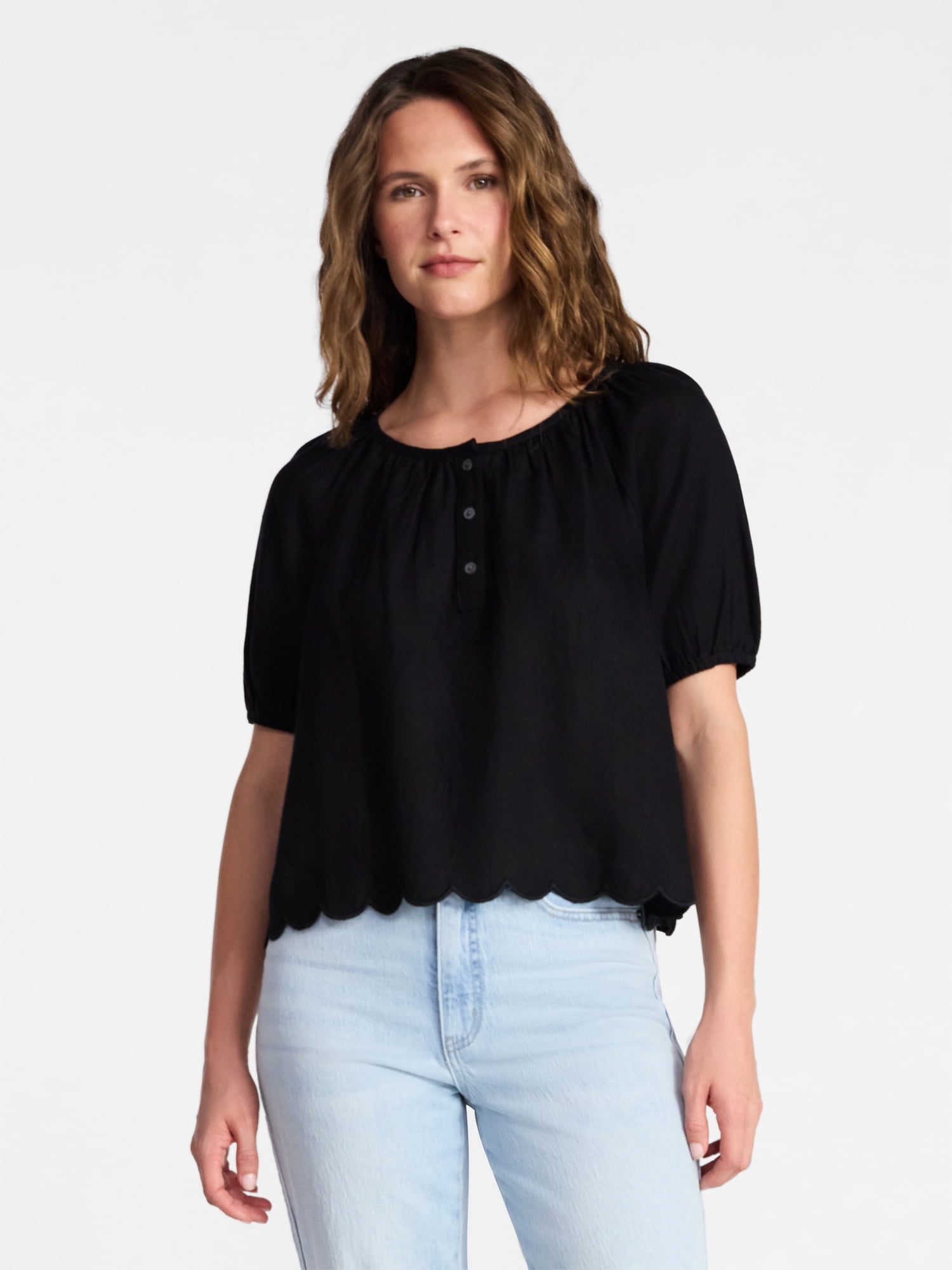 Time and Tru Women's Linen Blend Blouse with Scalloped Hem, Sizes XS-XXXL