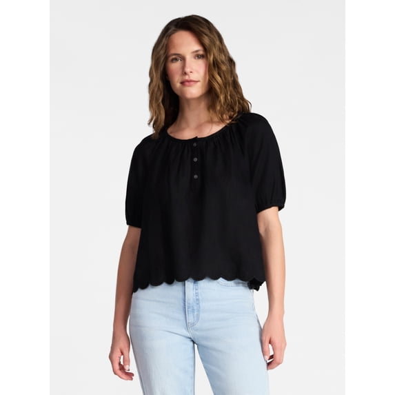 Time and Tru Women's Linen Blend Blouse with Scalloped Hem, Sizes XS-XXXL