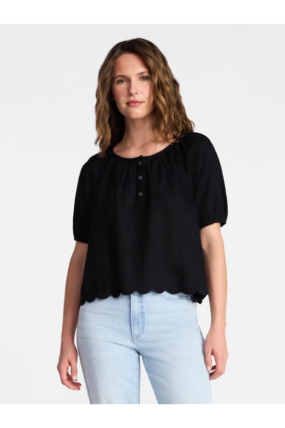 Women's Linen Blend Blouse with Scalloped Hem, Sizes XS-XXXL