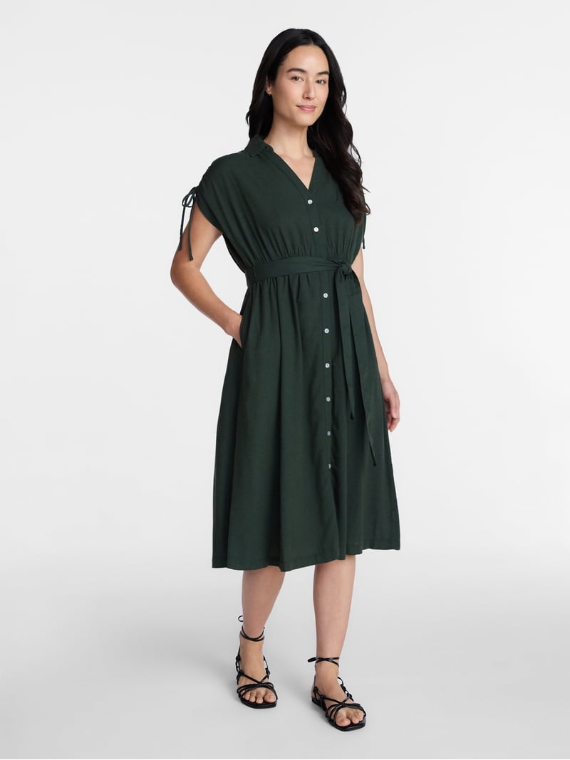 Time and Tru Women's Short Sleeve Midi Linen Shirt Dress, Sizes Xs-xxxl, Green
