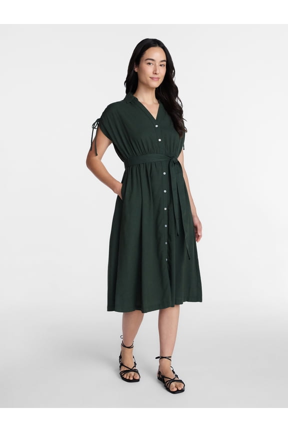 Women's Short Sleeve Midi Linen Shirt Dress, Sizes XS-XXXL