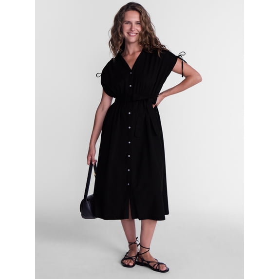 Time and Tru Women's Midi Linen Blend Shirt Dress with Short Sleeves, Sizes XS-XXXL