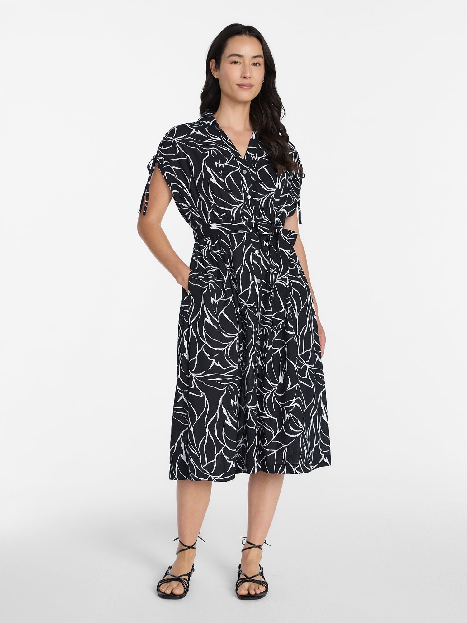 Time and Tru Women's Short Sleeve Midi Linen Shirt Dress, Sizes XS-XXXL