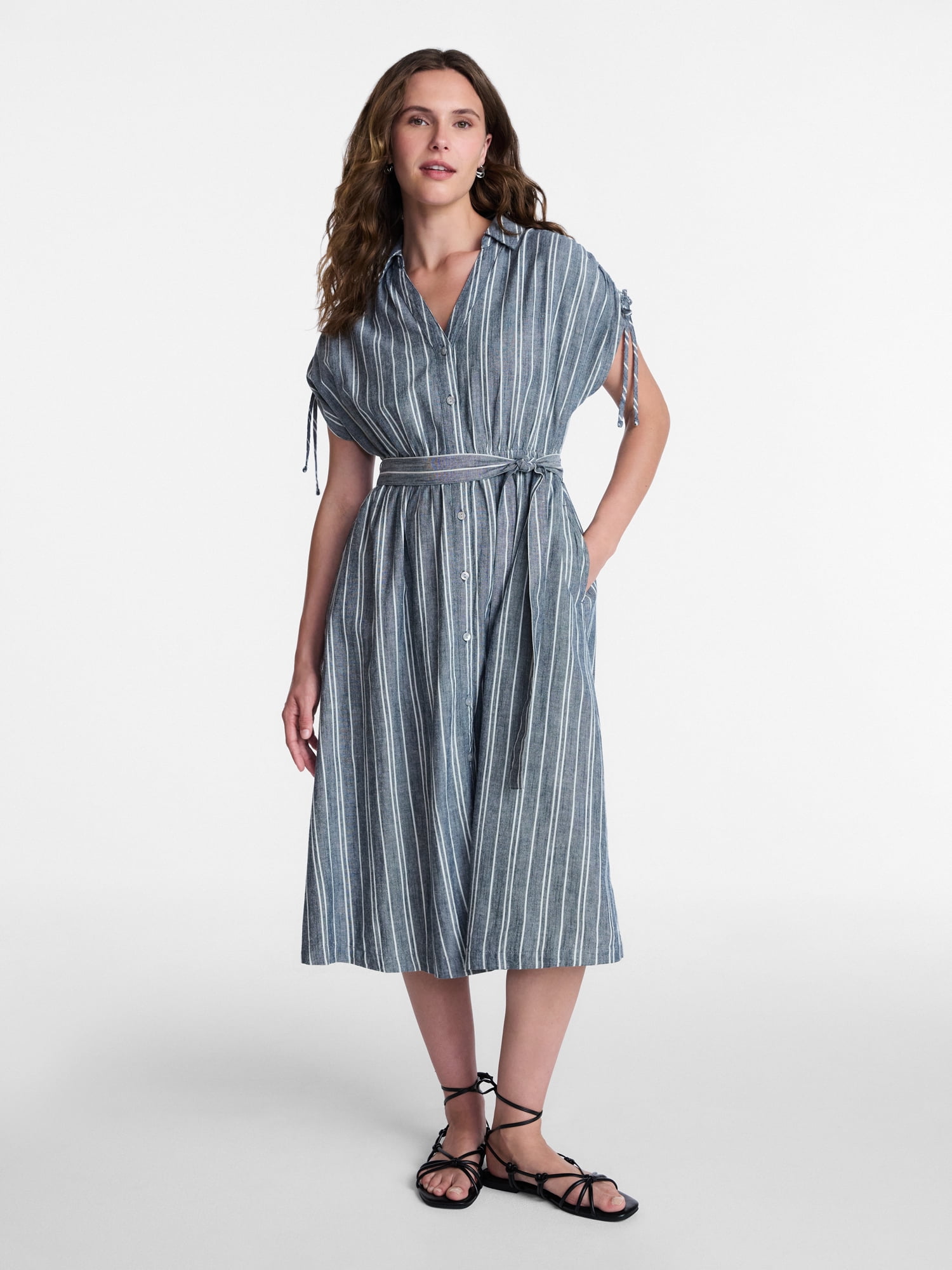 linen-blend dolman-sleeve tie-waist midi dress Dolman Sleeve Linen Blend Midi Dress (Women)