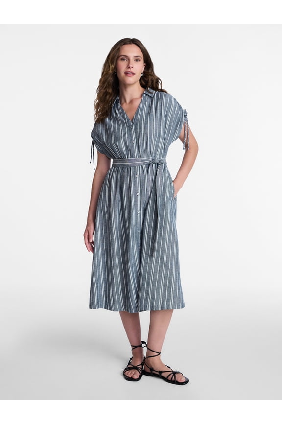 Women's Short Sleeve Midi Linen Shirt Dress, Sizes XS-XXXL