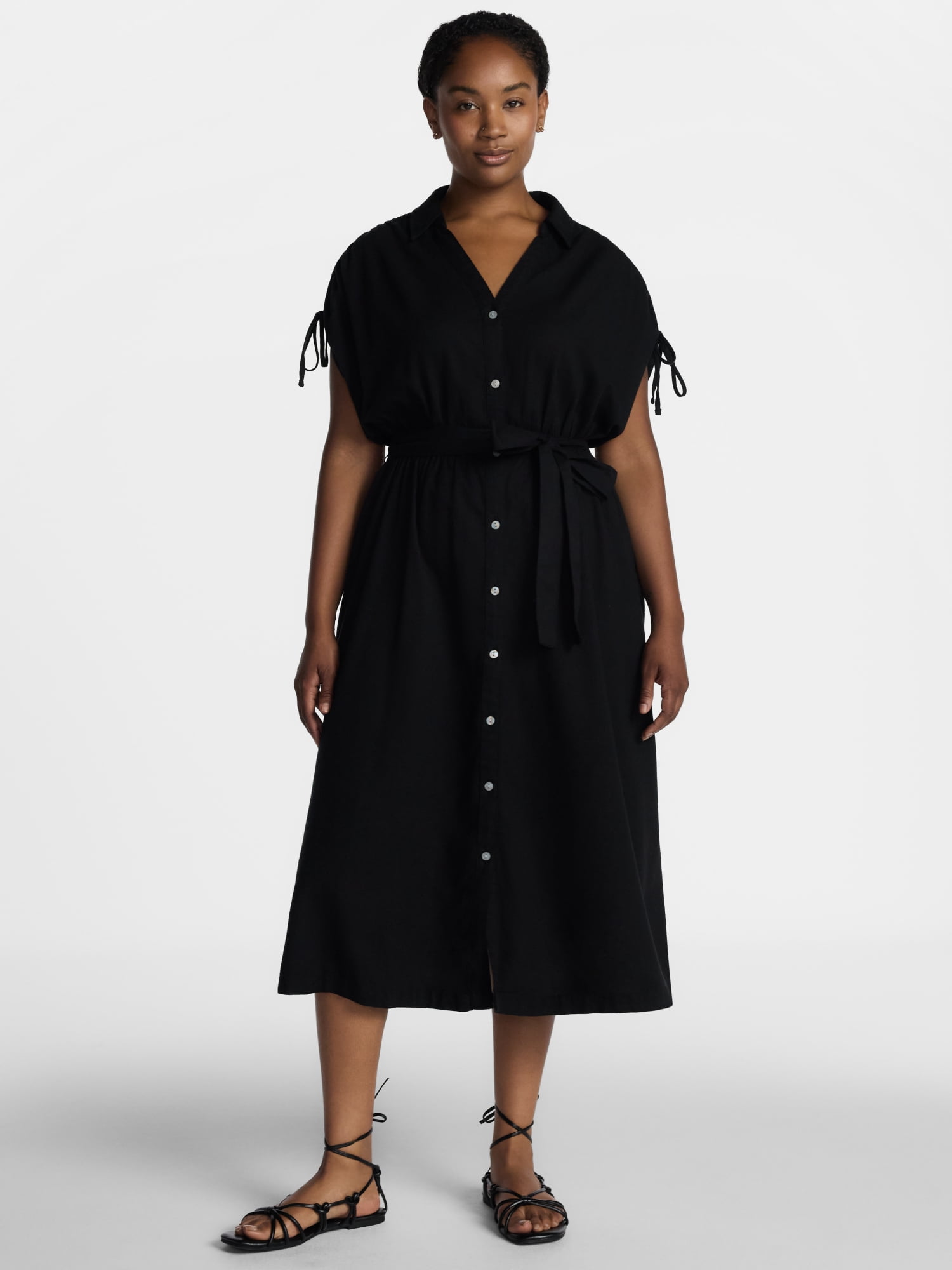 Time and Tru Women's Midi Linen Blend Shirt Dress with Short Sleeves, Sizes XS-XXXL