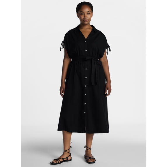 Time and Tru Women's Midi Linen Blend Shirt Dress with Short Sleeves, Sizes XS-XXXL
