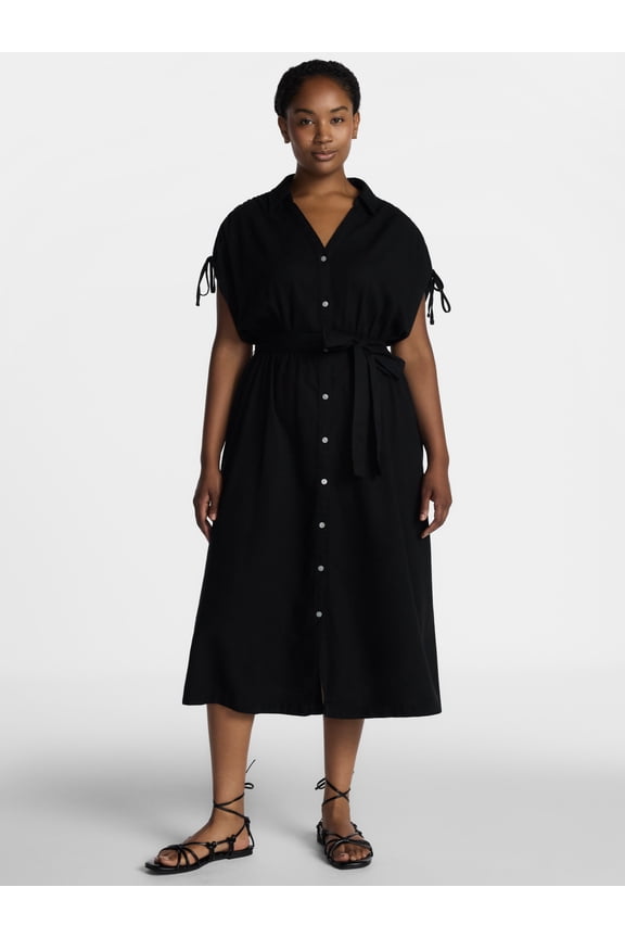 Women's Midi Linen Blend Shirt Dress with Short Sleeves, Sizes XS-XXXL