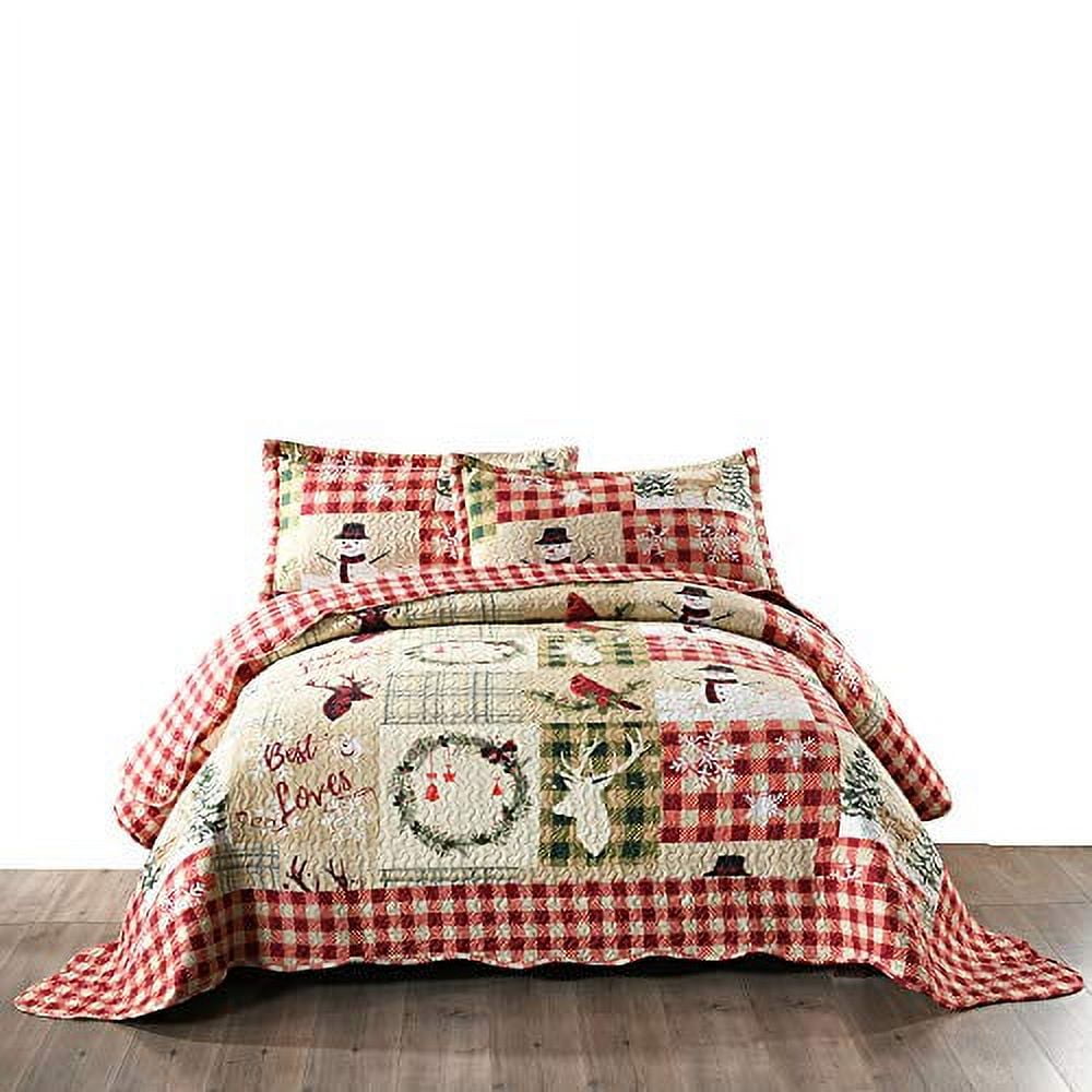 Festive Red and White Reversible Queen Microfiber Quilt Set