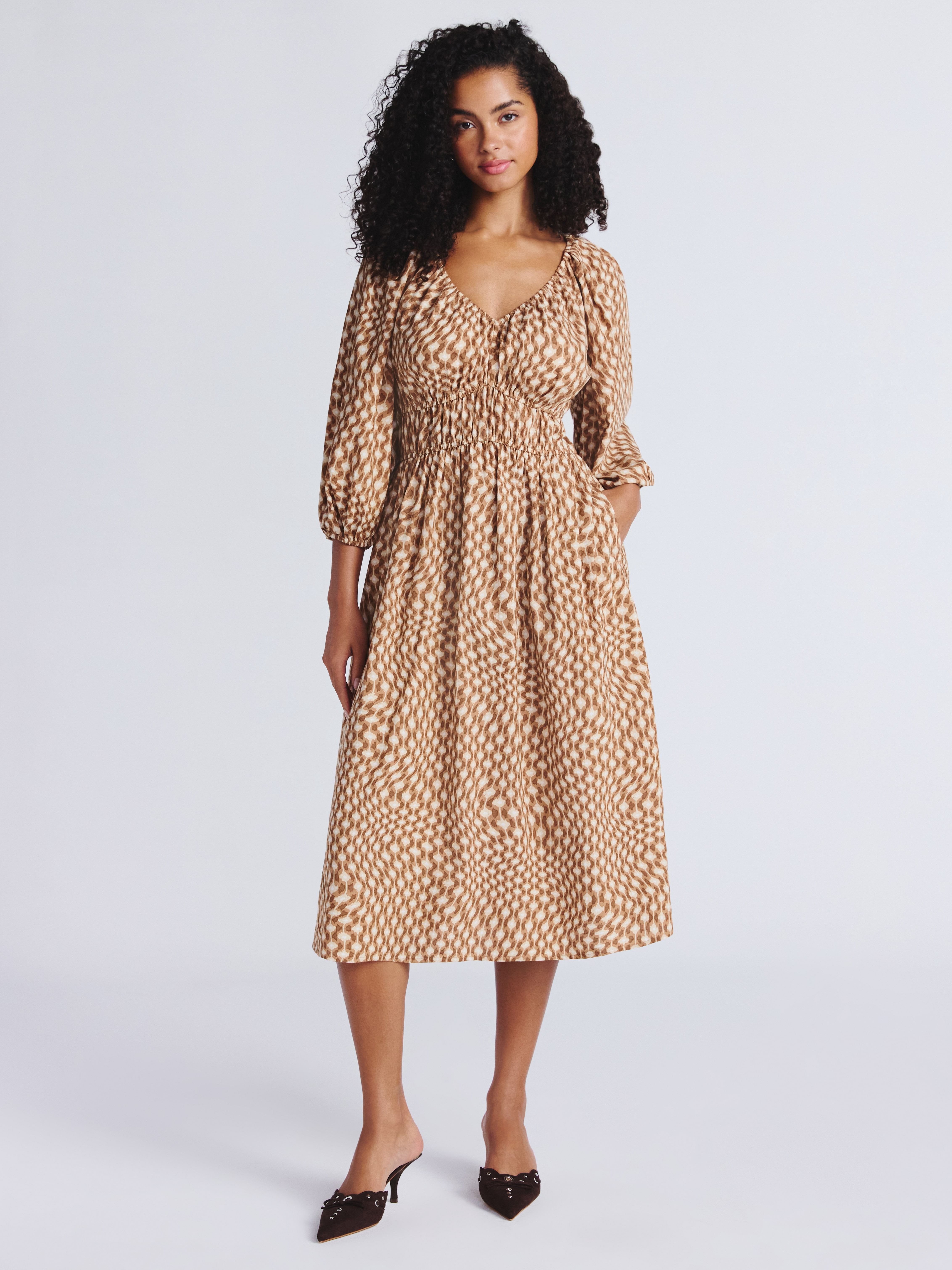 Time and Tru Women's Cinch Waist Midi Dress with Puff Sleeves, Sizes XS-XXXL