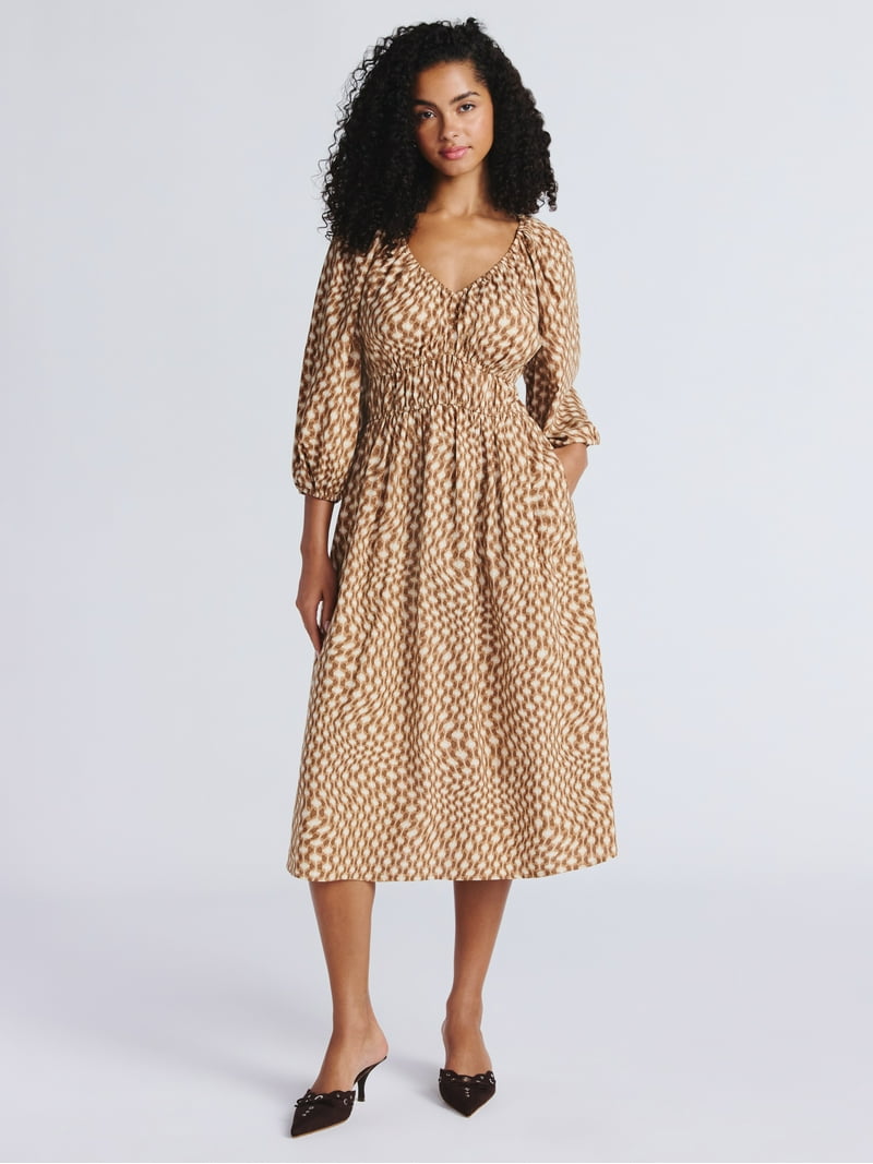 Time and Tru Women's Cinch Waist Midi Dress with Puff Sleeves, Sizes XS-XXXL