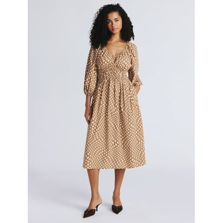 Time and Tru Women's Cinch Waist Midi Dress with Puff Sleeves, Sizes XS-XXXL