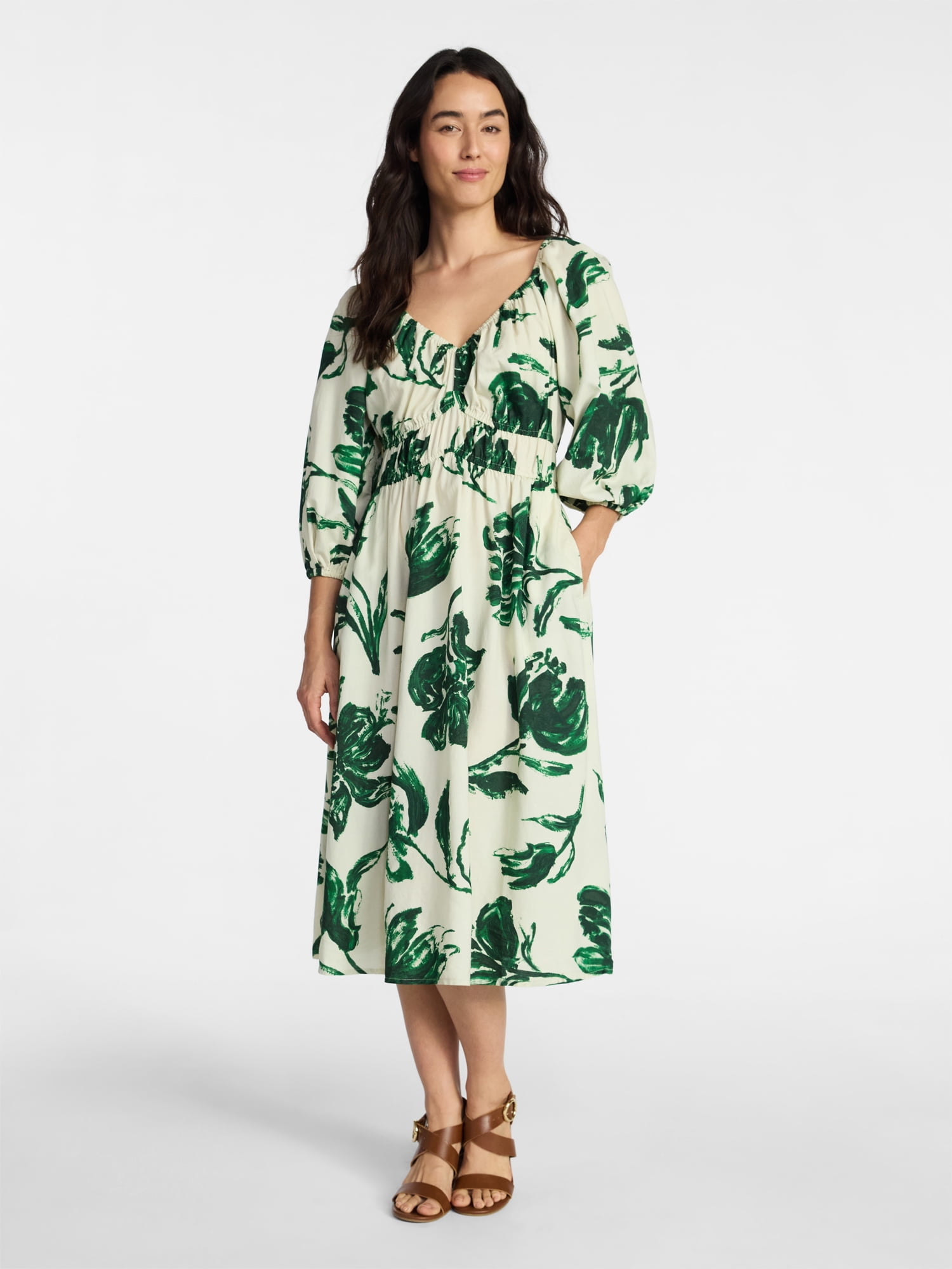 Time and Tru Women's Cinch Waist Midi Dress with Puff Sleeves, Sizes XS-XXXL