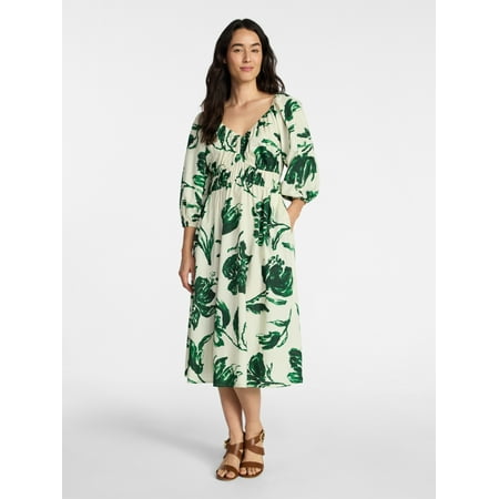 Time and Tru Women's Cinch Waist Midi Dress with Puff Sleeves, Sizes XS-XXXL