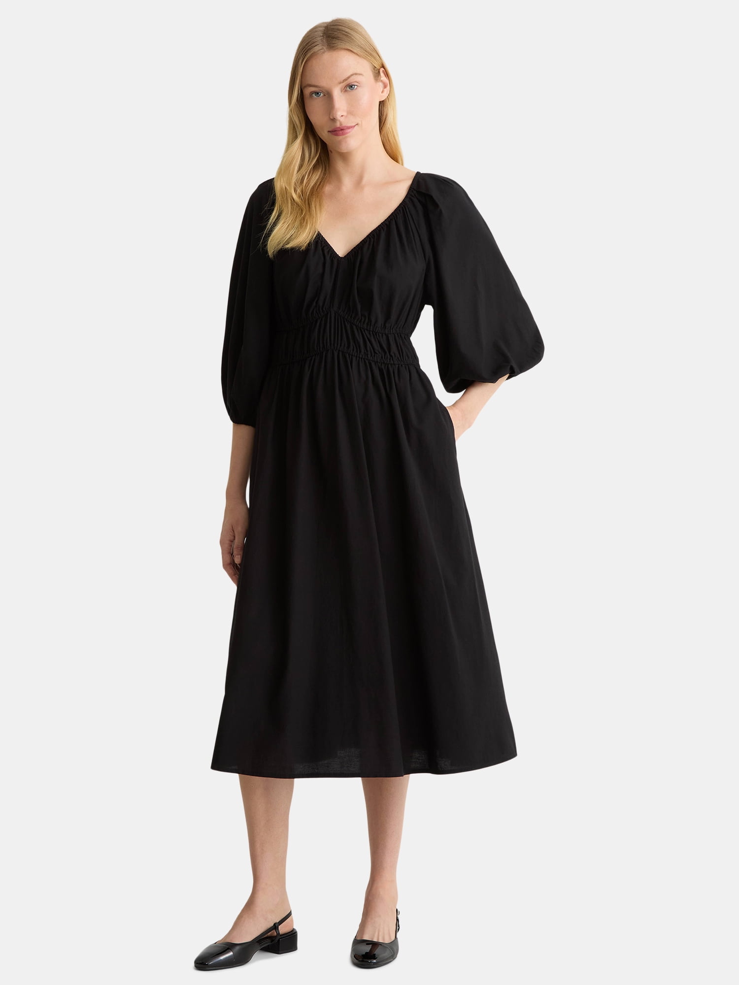 Time and Tru Women's Cinch Waist Midi Dress with Puff Sleeves, Sizes XS-XXXL