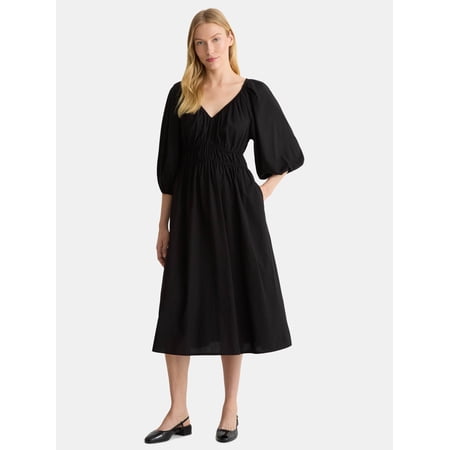 Time And Tru Women's Cinch Waist Midi Dress with Puff Sleeves, Sizes XS-XXXL