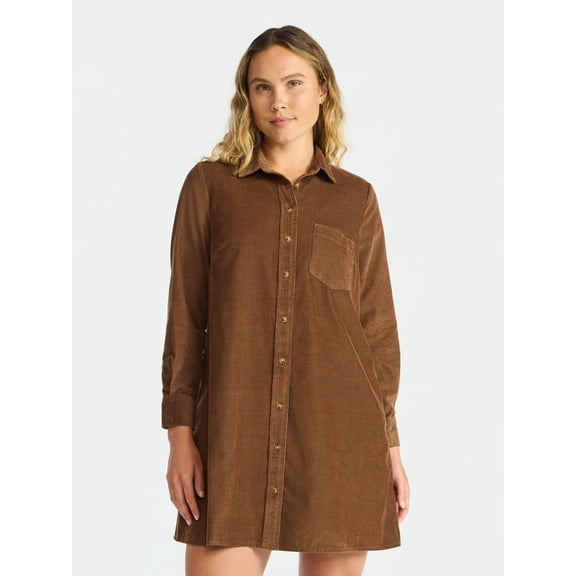 Time and Tru Women's Corduroy Shirtdress with Long Sleeves, Sizes XS – XXXL