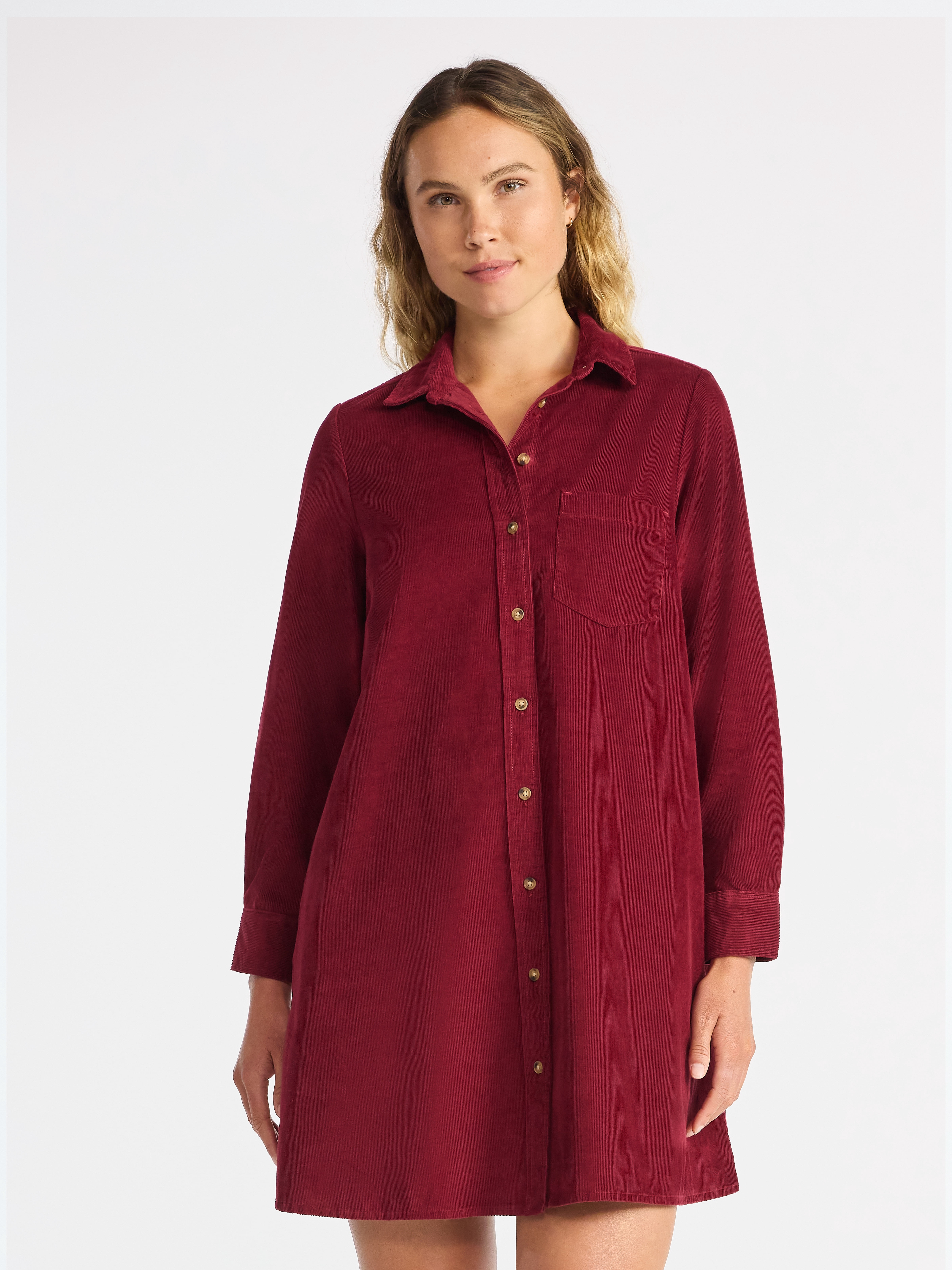 Time and Tru Women's Corduroy Shirtdress with Long Sleeves, Sizes XS – XXXL