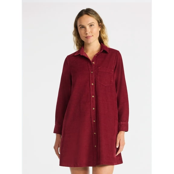 Time and Tru Women's Corduroy Shirtdress with Long Sleeves, Sizes XS – XXXL