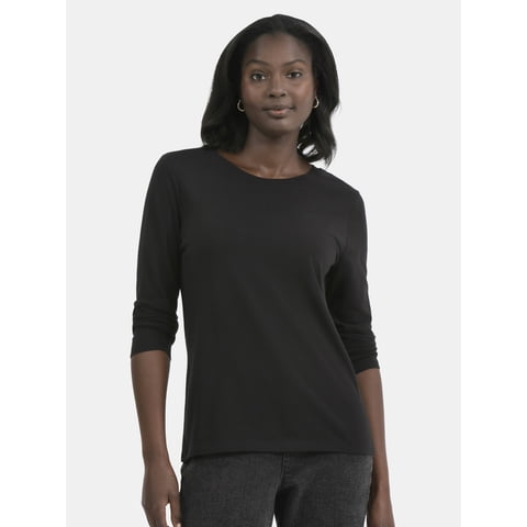 Women's Cotton Crewneck Tee with Long Sleeves, Sizes XS-XXXL