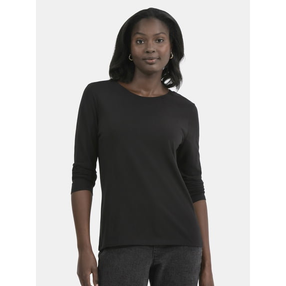 Time and Tru Women's Cotton Crewneck Tee with Long Sleeves, Sizes XS-XXXL