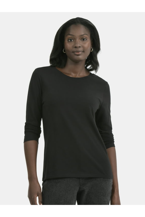 Women's Cotton Crewneck Tee with Long Sleeves, Sizes XS-XXXL
