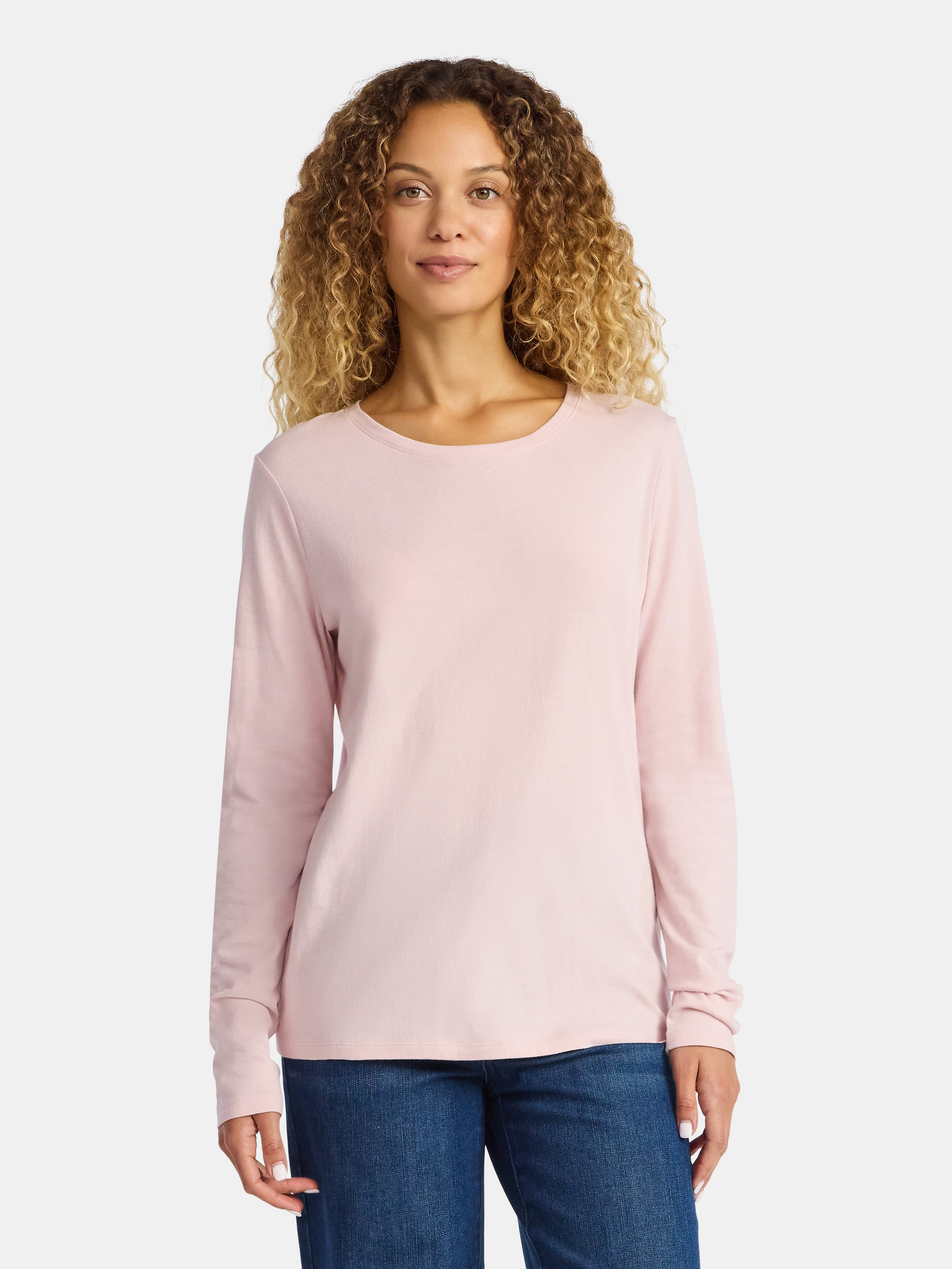 Time and Tru Women's Cotton Crewneck Tee with Long Sleeves, Sizes XS-XXXL