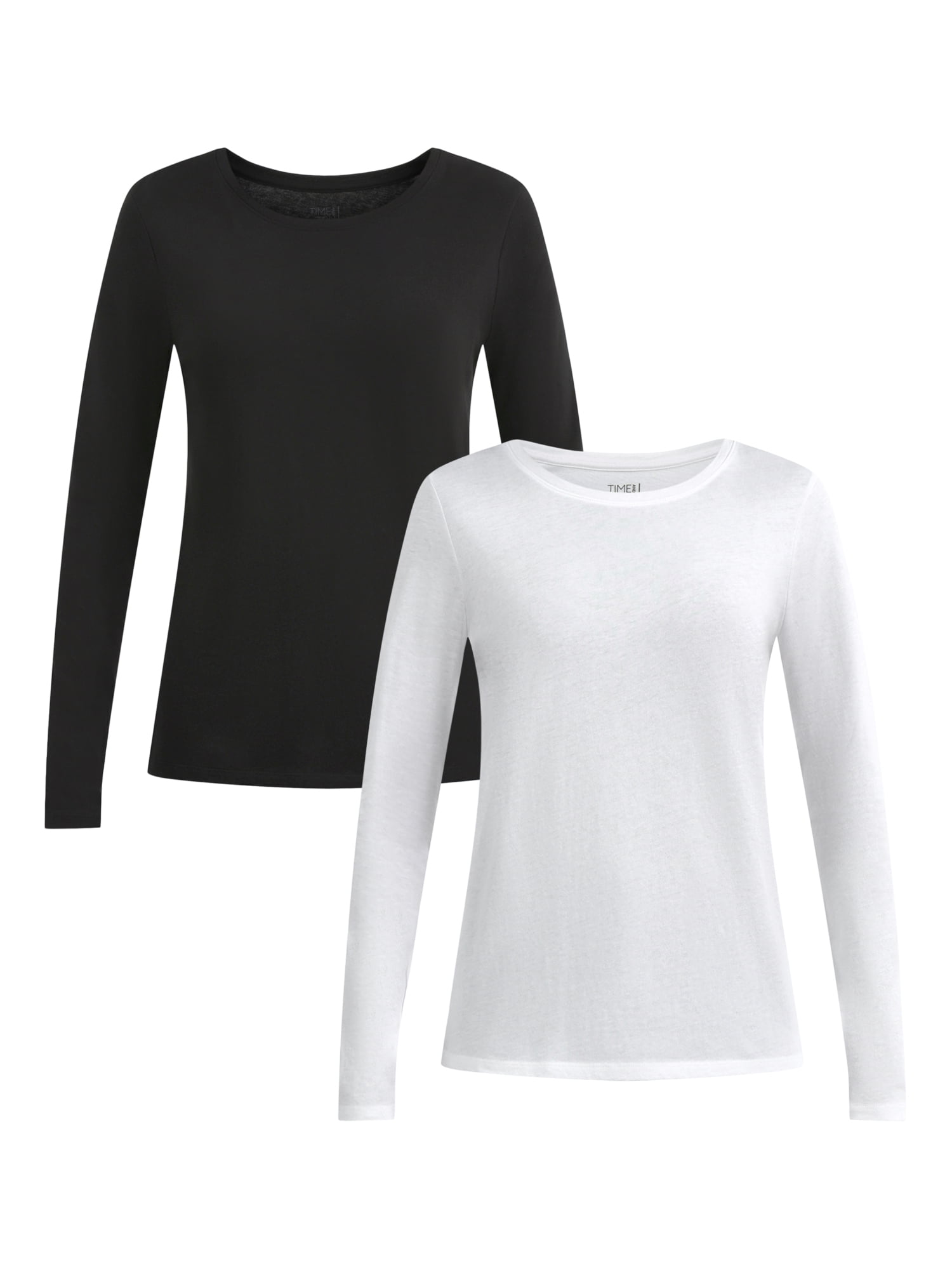 Time and Tru Women's Cotton Crewneck Tee with Long Sleeves, 2-Pack, Sizes XS-XXXL