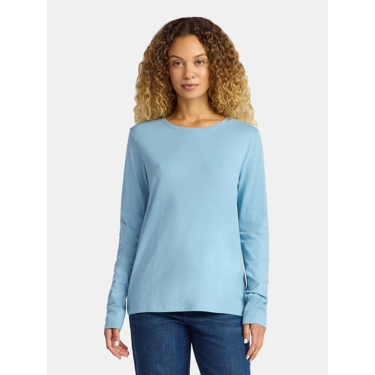 Women's Cotton Crewneck Tee with Long Sleeves, Sizes XS-XXXL