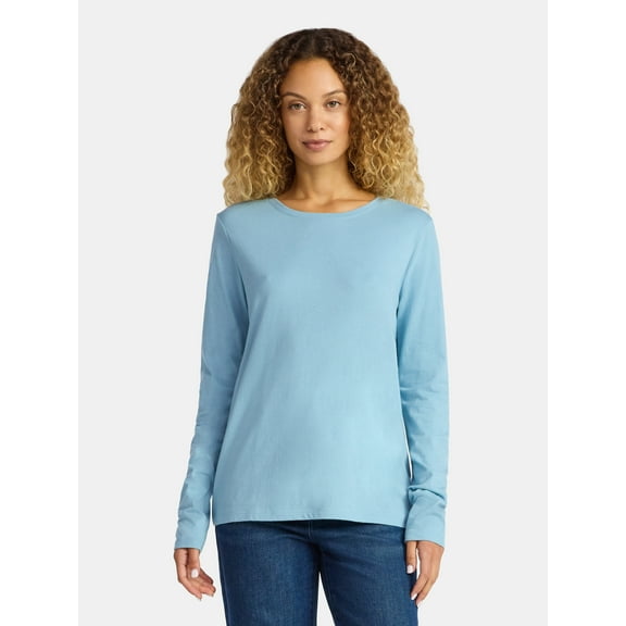 Time and Tru Women's Cotton Crewneck Tee with Long Sleeves, Sizes XS-XXXL